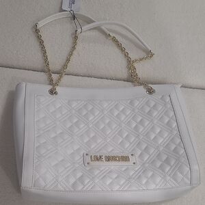 Love Moschino Quilted White Shoulder Bag with Gold Accents